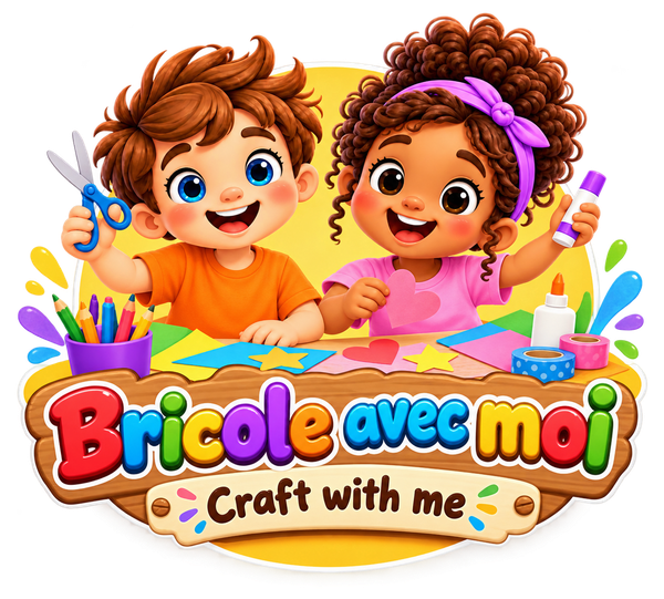 Logo officiel « Bricole avec moi » : Noé et Zoé avec des ciseaux, de la colle et des crayons