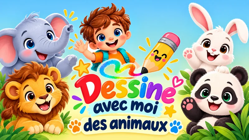 Noé waving, surrounded by an elephant, a lion, a rabbit and a panda, with the Draw with me animals logo