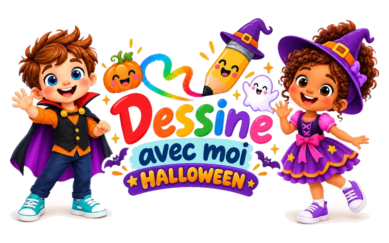 Noé en petit vampire et Zoé en petite sorcière autour du logo Dessine avec moi Halloween