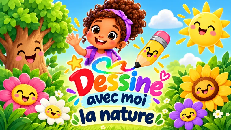 Zoé fait coucou dans un jardin fleuri, avec le logo Dessine avec moi la nature